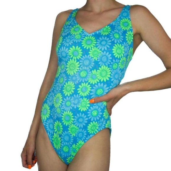 Vintage 80s Sunrays Neon Daisy Floral One Piece Swimsuit - Picture 1 of 5